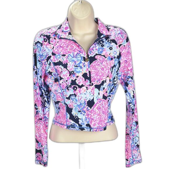 Lilly Pulitzer Tops - Lilly Pulizer Luxletic Pullover Cropped Black w/Floral Knit Shirt 1/4 Zip Size S